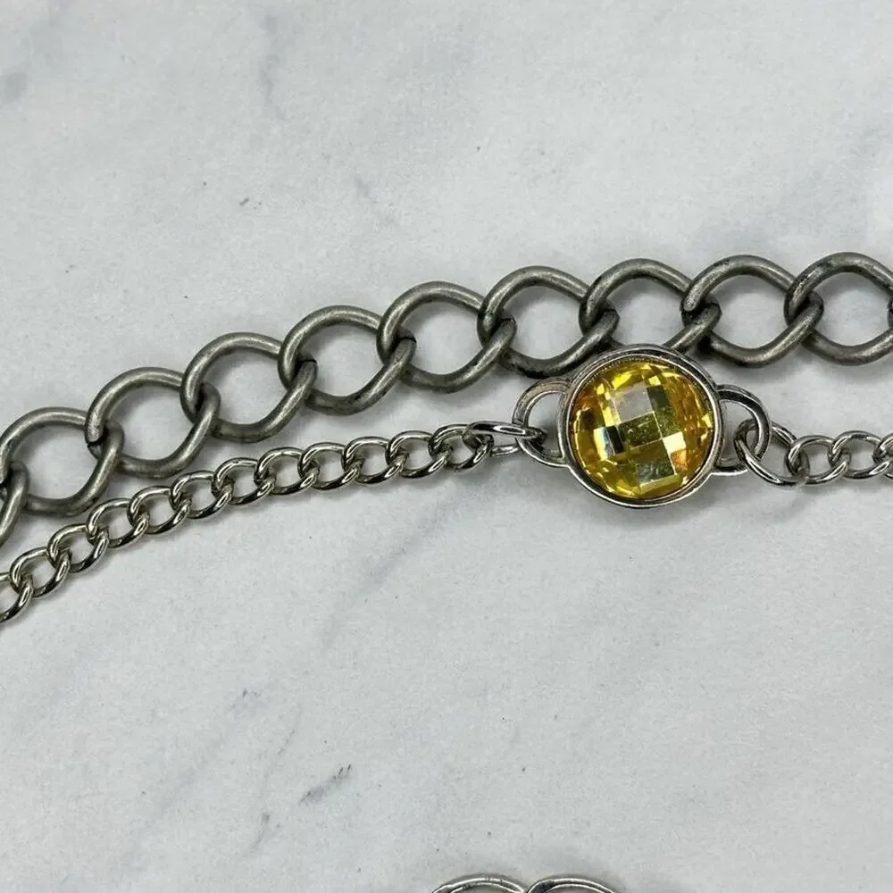 Pink Flower Rhinestone Silver Tone Metal Chain Link Belt Size Large L XL